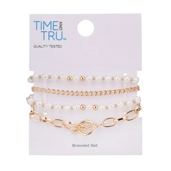 Time and Tru Women's Gold Tone and Faux Pearl Bracelet Set, 4 Piece